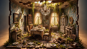 Abandoned miniature dining room with turquoise walls, a broken ceiling, trailing vines, and a table still set beneath a chandelier.