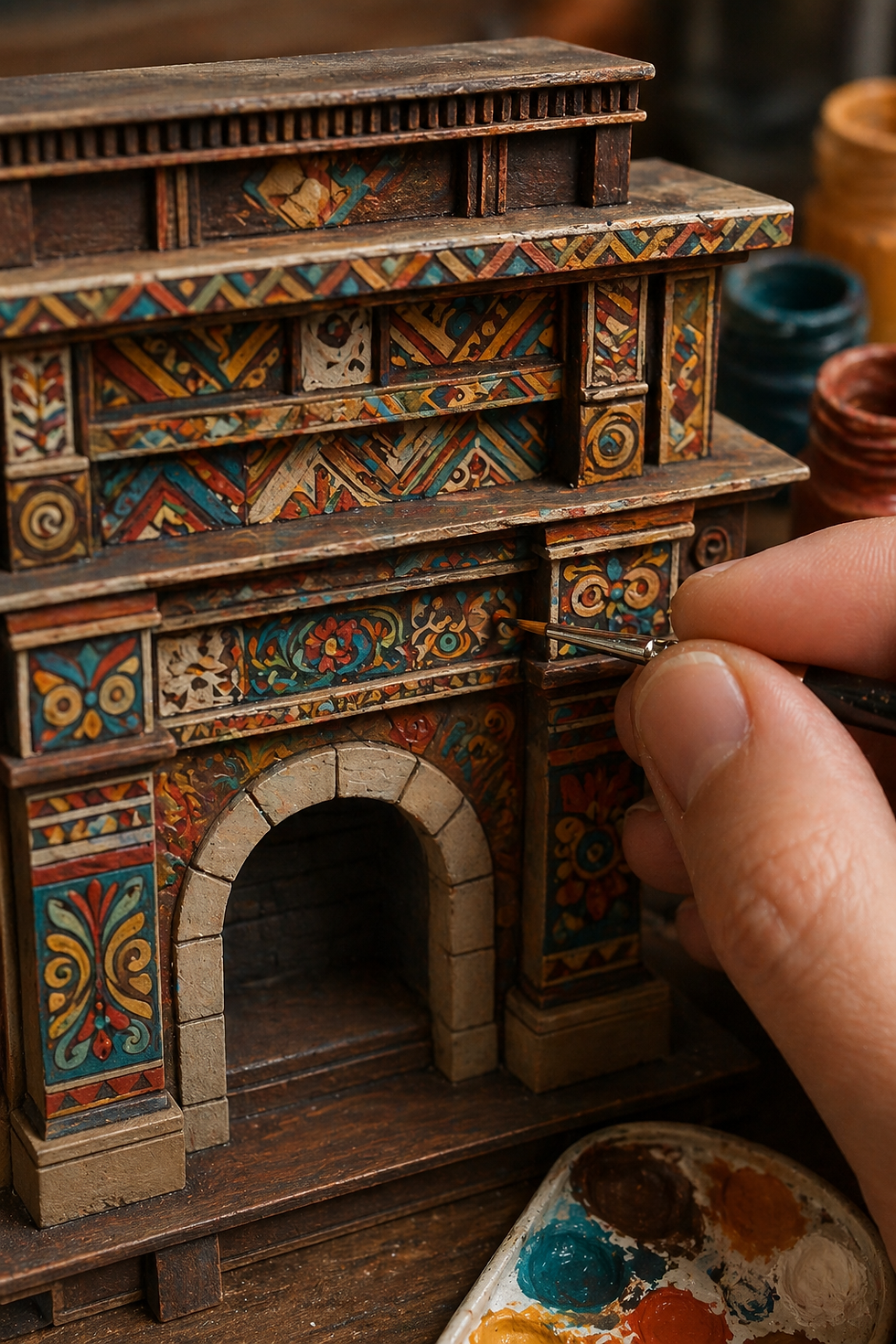 Hand painting intricate designs on a small, colorful model building using a fine brush. Paint palette visible in the foreground.