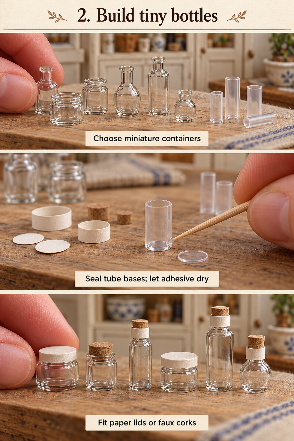 Three-panel guide to capped miniature jar cylinders and shaped bottle blanks.