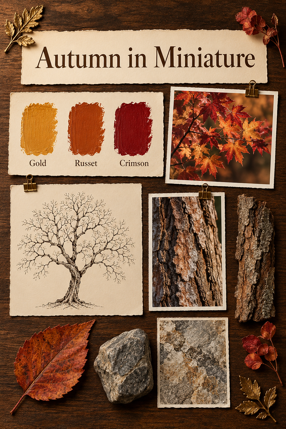 Physical autumn mood board on dark walnut with an Autumn in Miniature title, gold, russet and crimson paint chips, a paper tree silhouette, natural reference photographs and bark, leaf and stone samples.