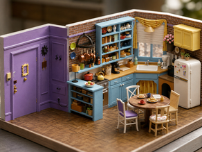 Miniature colorful kitchen dollhouse with purple door, blue cabinets, table set with tea, and fridge covered in magnets.