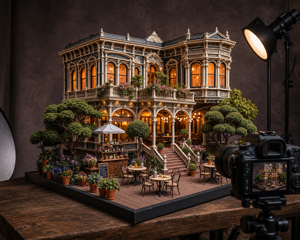 Model of ornate Victorian house with outdoor café; lights illuminate the scene. Camera on a tripod in the foreground captures the setup.