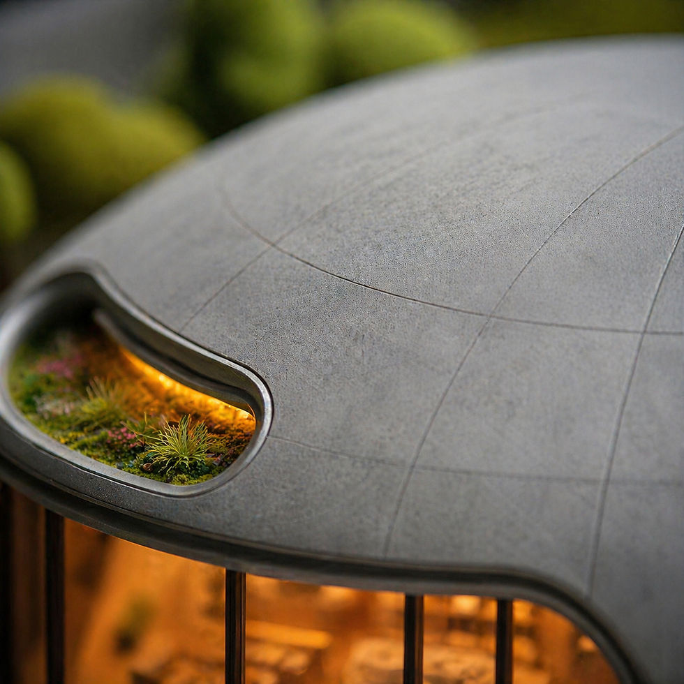 A domed structure with a window reveals interior lighting and a small rooftop garden. The setting is futuristic and natural.