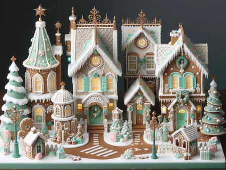 A Christmas Delight: Victorian Gingerbread Village in Mint, Pastels, and Champagne Gold
