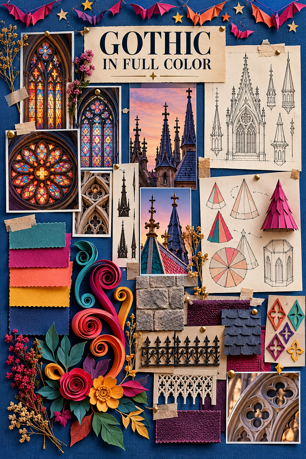 Layered physical inspiration board titled Gothic in Full Color with architectural references, separate sketches, paper swatches and curled strips.
