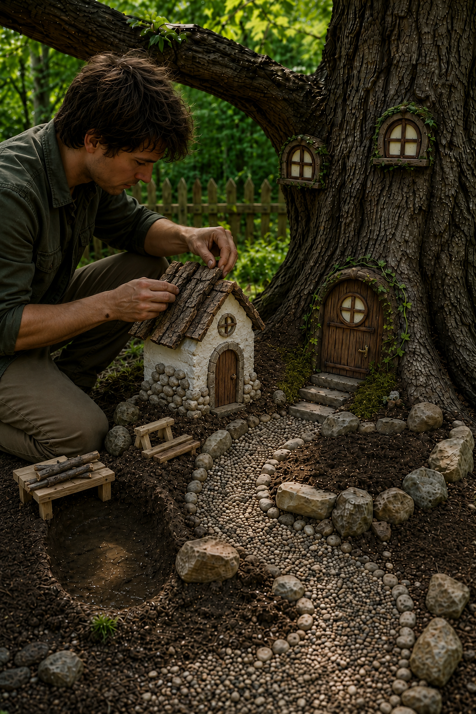 Man kneels building a tiny cottage beside a tree with fairy doors in a lush garden, arranging roof tiles and stones.