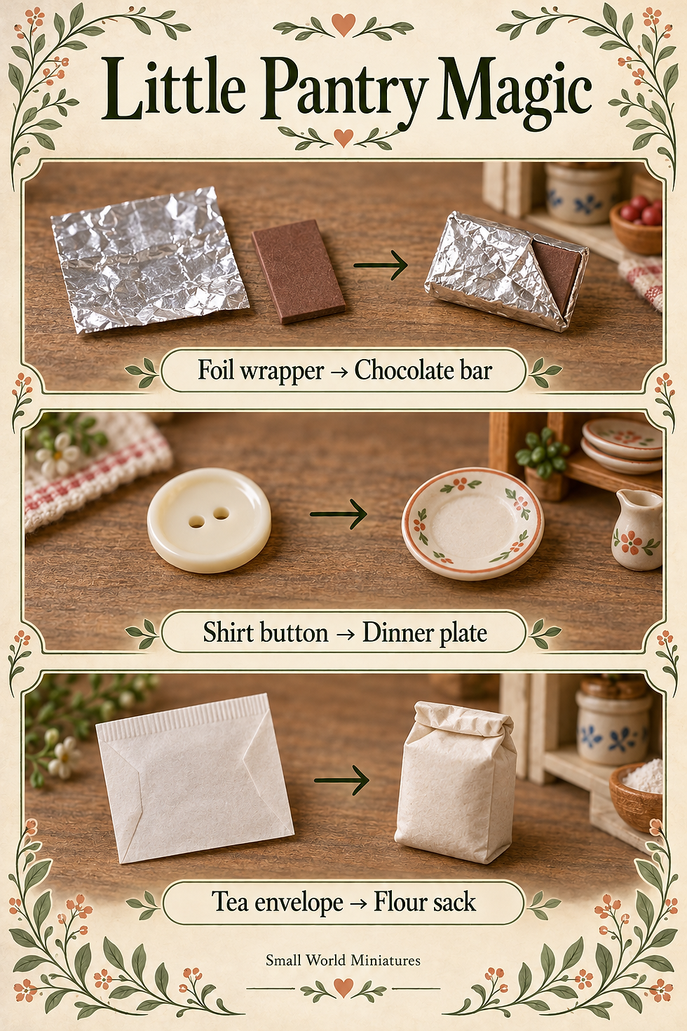 Foil wrapper around brown-painted card makes a pretend chocolate bar; a shirt button becomes a painted dinner plate; a paper tea envelope becomes a flour sack.