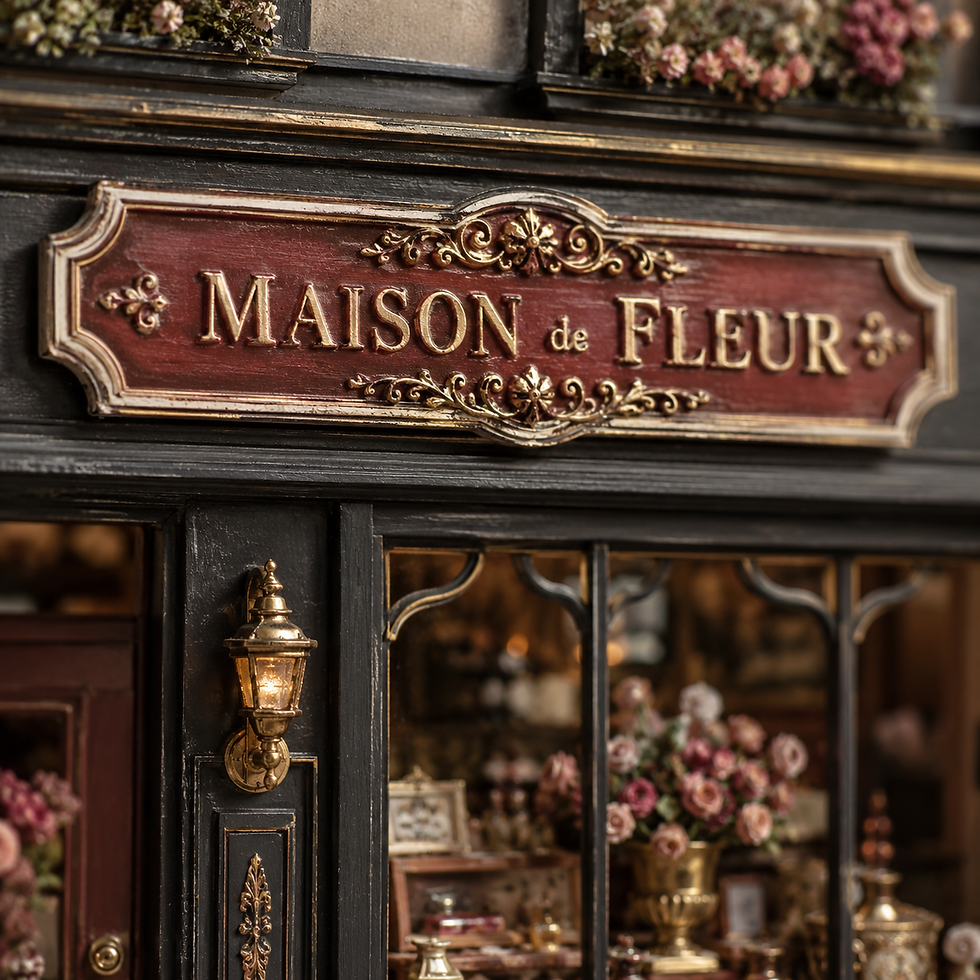Elegant shopfront with "Maison de Fleur" sign in gold on red. Warm glow from lantern and floral arrangements create a cozy ambiance.