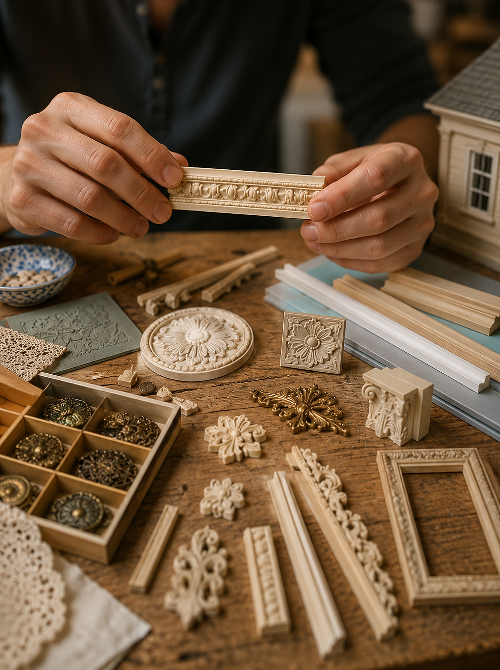 Hands hold a decorative wood piece over a table with ornate wood carvings, patterns, and a box of brass knobs, creating a vintage crafting vibe.