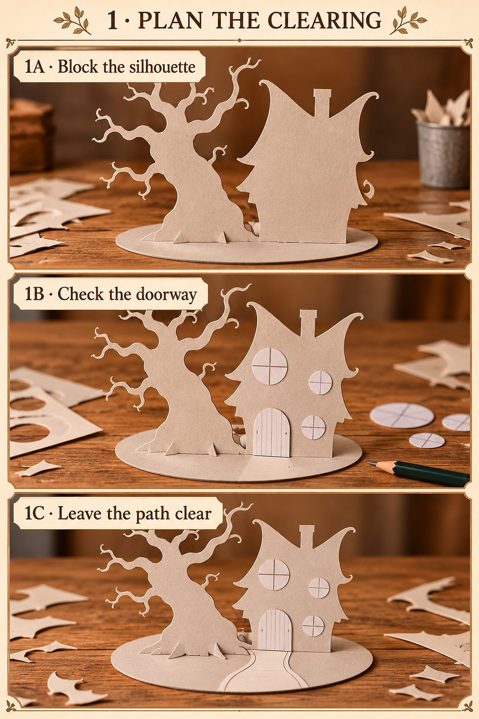 Stage 1 illustrated autumn elf cottage build guide with clearly labeled miniature craft process panels.