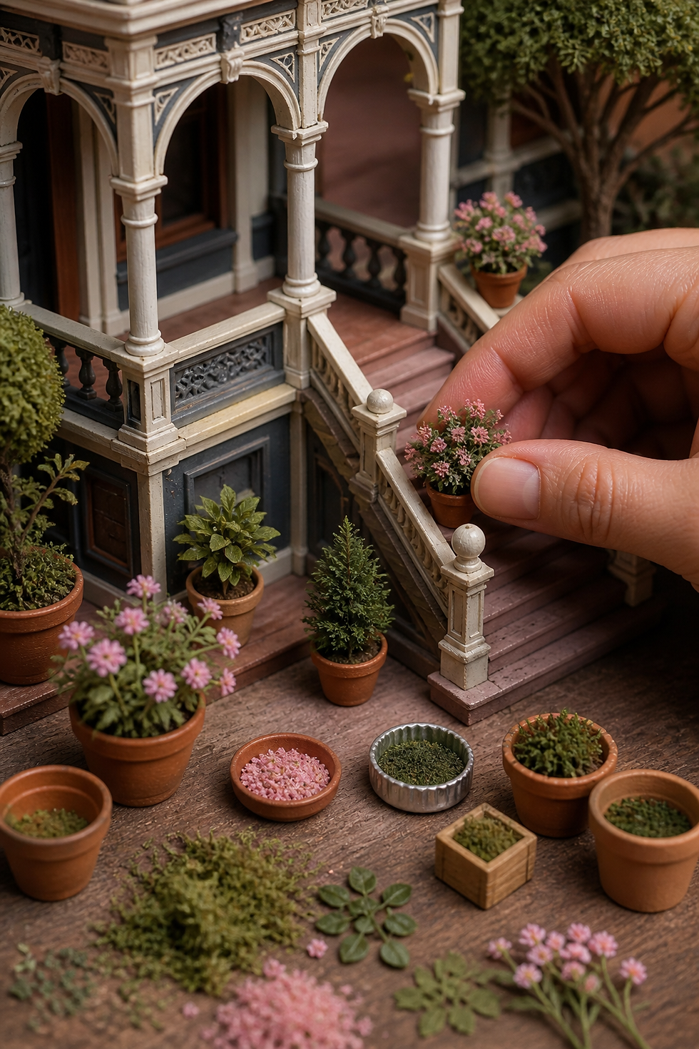 Hand placing tiny flower pot on mini Victorian porch. Various plants and materials on wooden surface. Playful and detailed setting.