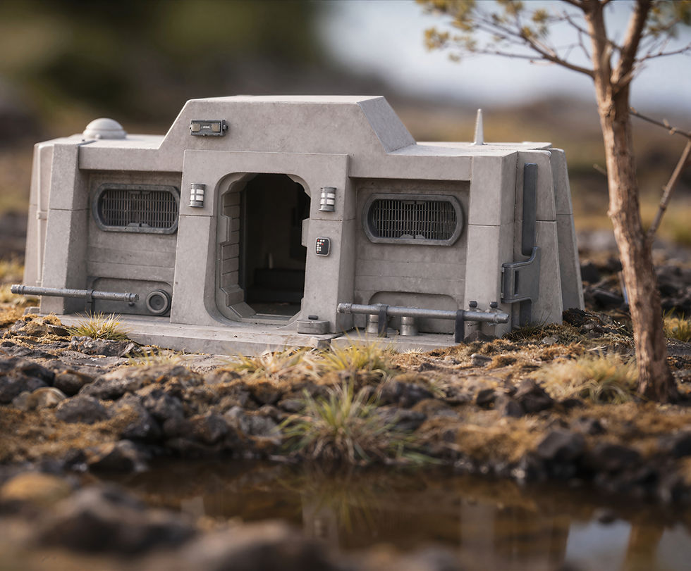 Gray bunker with open door and vents in rocky, grassy terrain. Reflecting in a nearby pond under a cloudy sky, with a lone tree nearby.