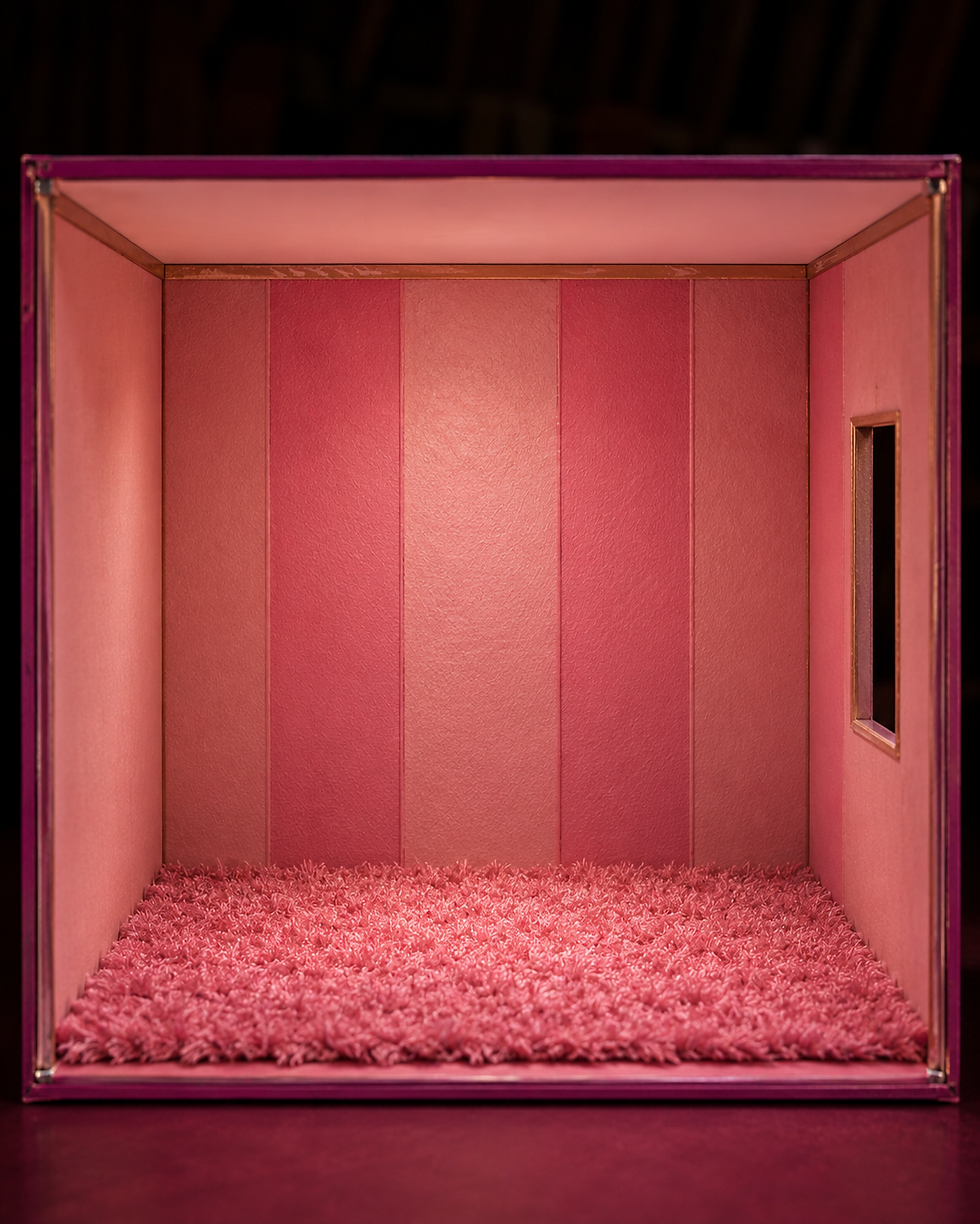 Empty pink box with fluffy carpet, striped walls, and a small window on the right. The setting is intimate and cozy with a warm glow.