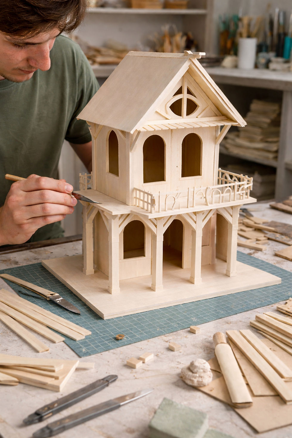 A person works on a wooden dollhouse model using a tool. The setting is a workshop with tools and materials scattered on the table.