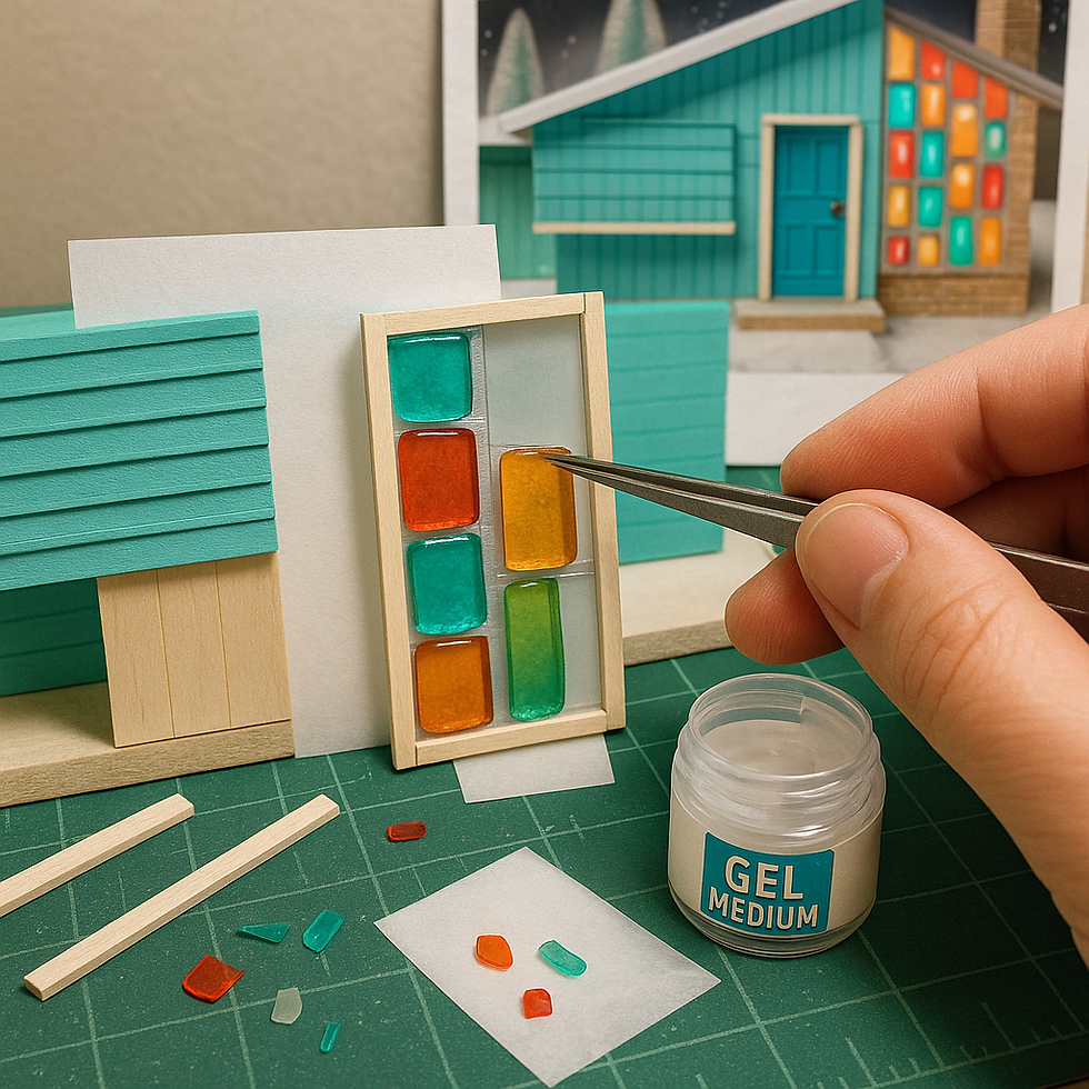Hand using tweezers to place colored tiles in a miniature window against a model house backdrop. Gel Medium jar nearby. Crafting scene.