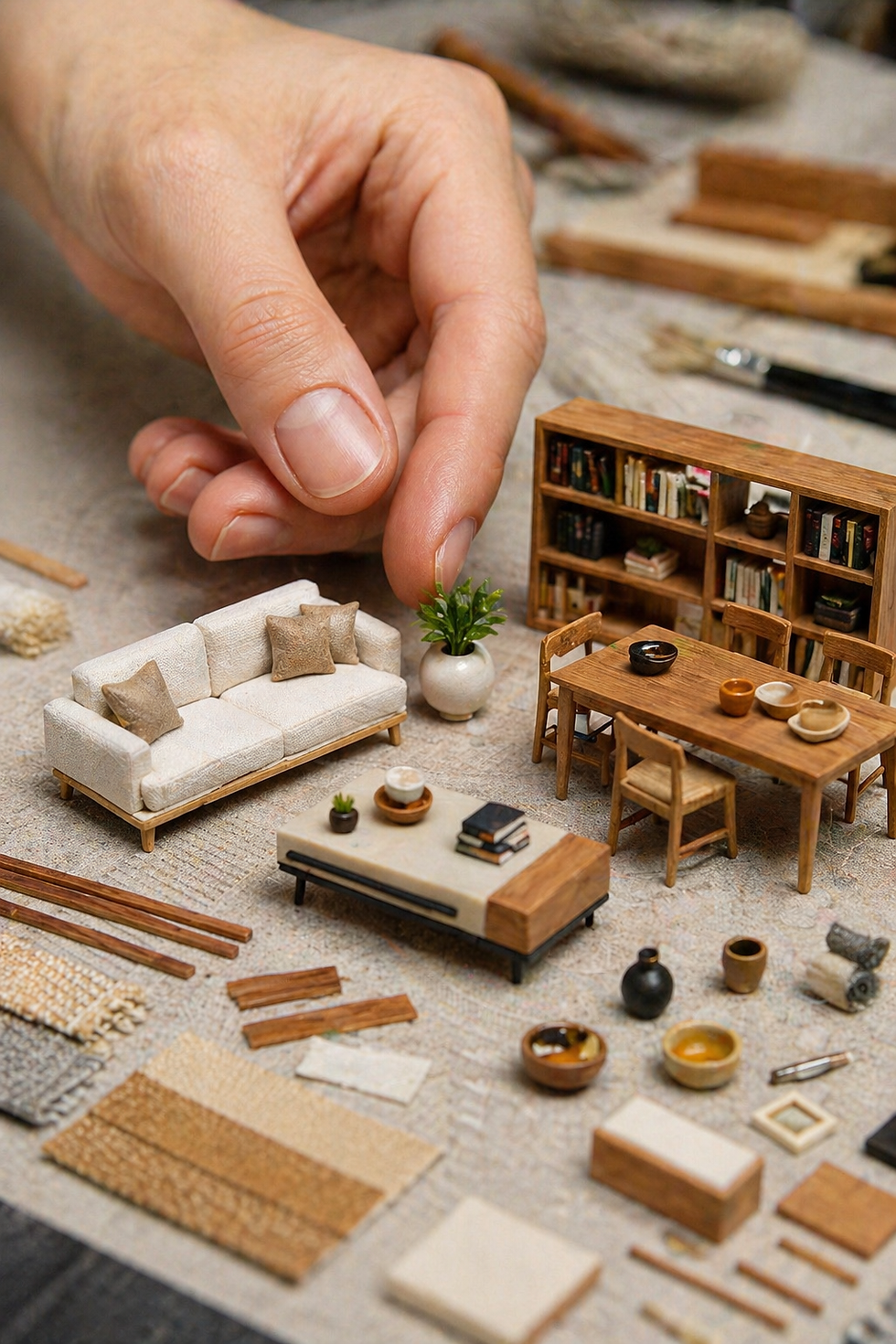 Hand arranging tiny furniture, plants, and books on a textured surface. Miniature wooden sofa, table, and bookshelf create a cozy scene.
