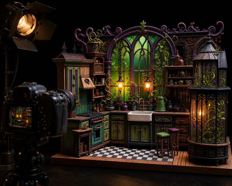 Intricate miniature kitchen with green cabinets, purple details, and glowing lights. A camera captures the scene, creating a cozy atmosphere.