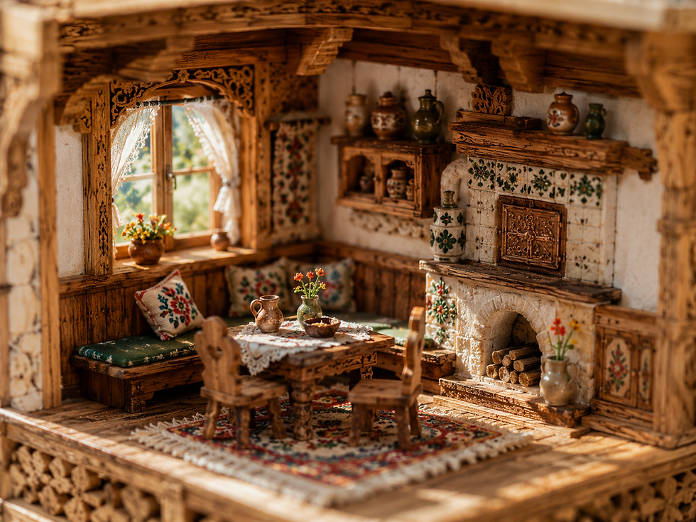 Miniature rustic wooden cottage room with table, chairs, floral cushions, fireplace, window, and flowers in warm sunlight.