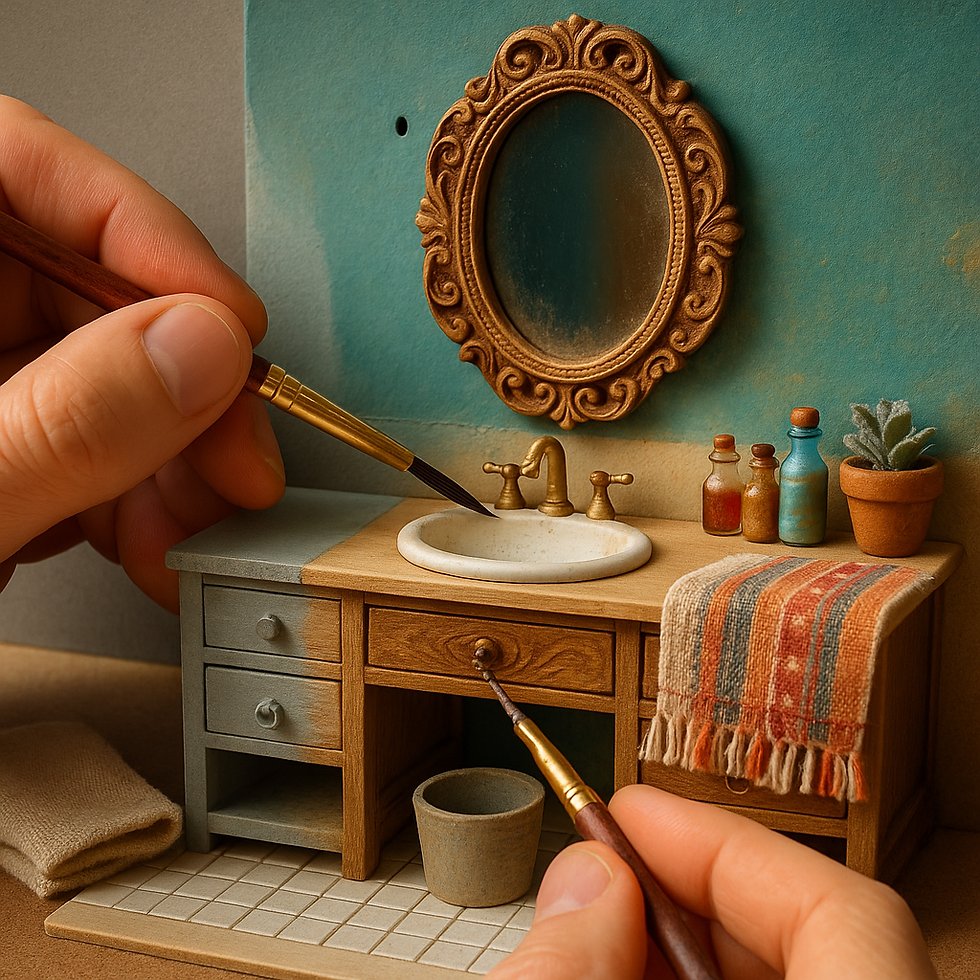 Hands painting a miniature bathroom scene with blue wall, ornate mirror, sink, towel, and small bottles. Artistic, detailed, and colorful.