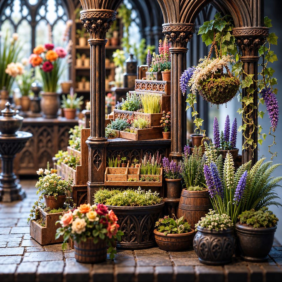 Ornate indoor flower shop with tiered potted blooms, hanging ivy, and purple spikes under gothic arches.