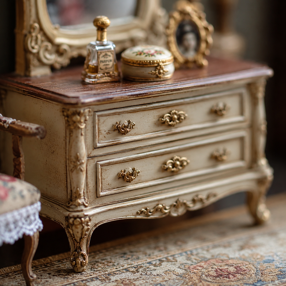 Ornate cream dresser with gold details, a mirror, perfume bottle, and floral box on top, beside a patterned chair and rug. Vintage decor.