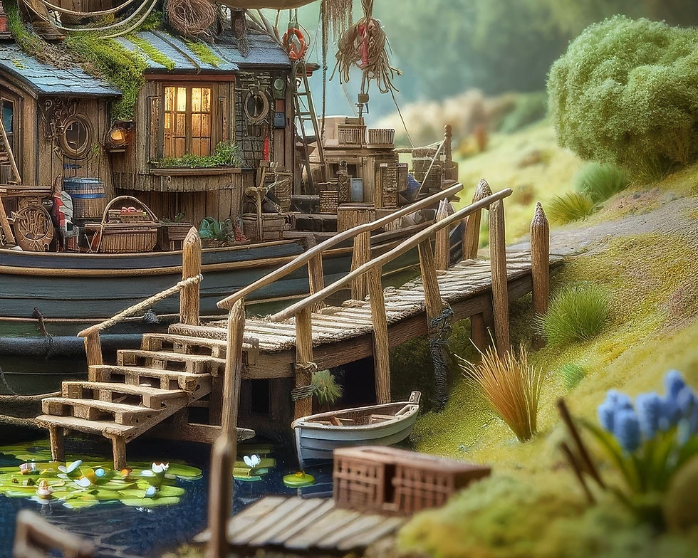Miniature model diorama of the barge lady’s houseboat inspired by the wind in the willows