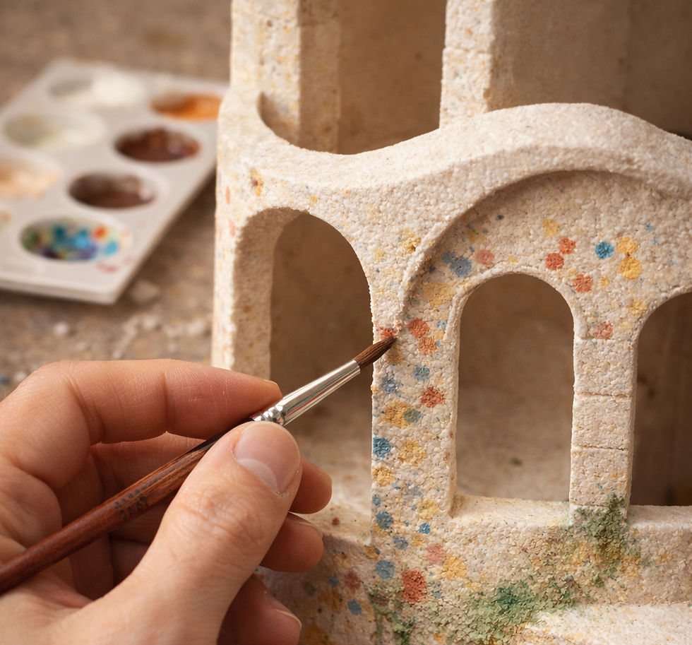 Hands painting a textured model with arches using a fine brush. Palette in background. Model features colorful speckles. Cozy, detailed setting.