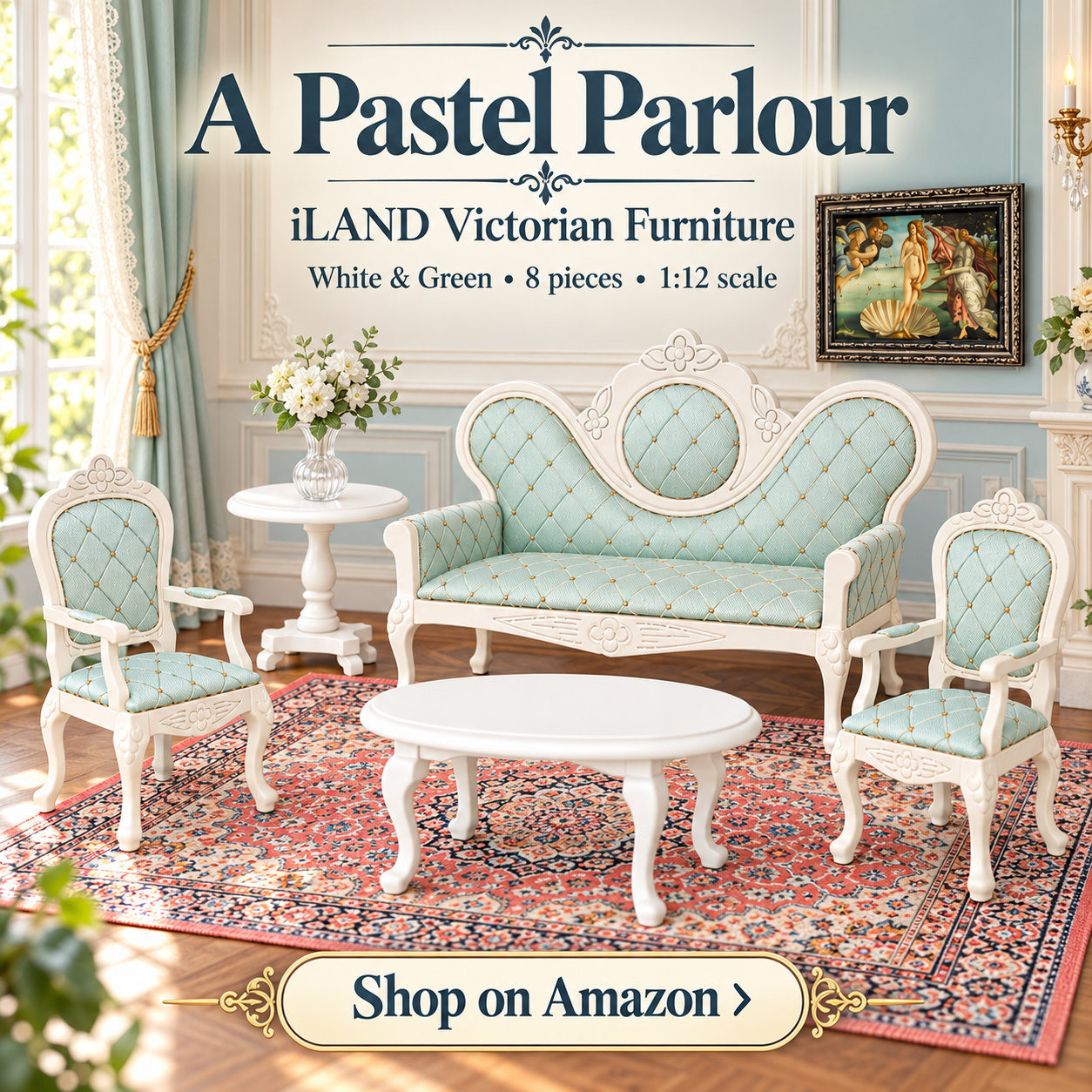 iLAND white-and-green Victorian 1:12 dollhouse living-room furniture set, eight pieces; affiliate shopping banner.