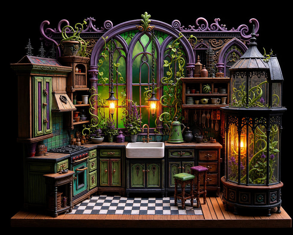 Whimsical kitchen with green cabinets, Gothic windows, checkerboard floor, and glowing lights. Ivy and potted plants add a magical feel.