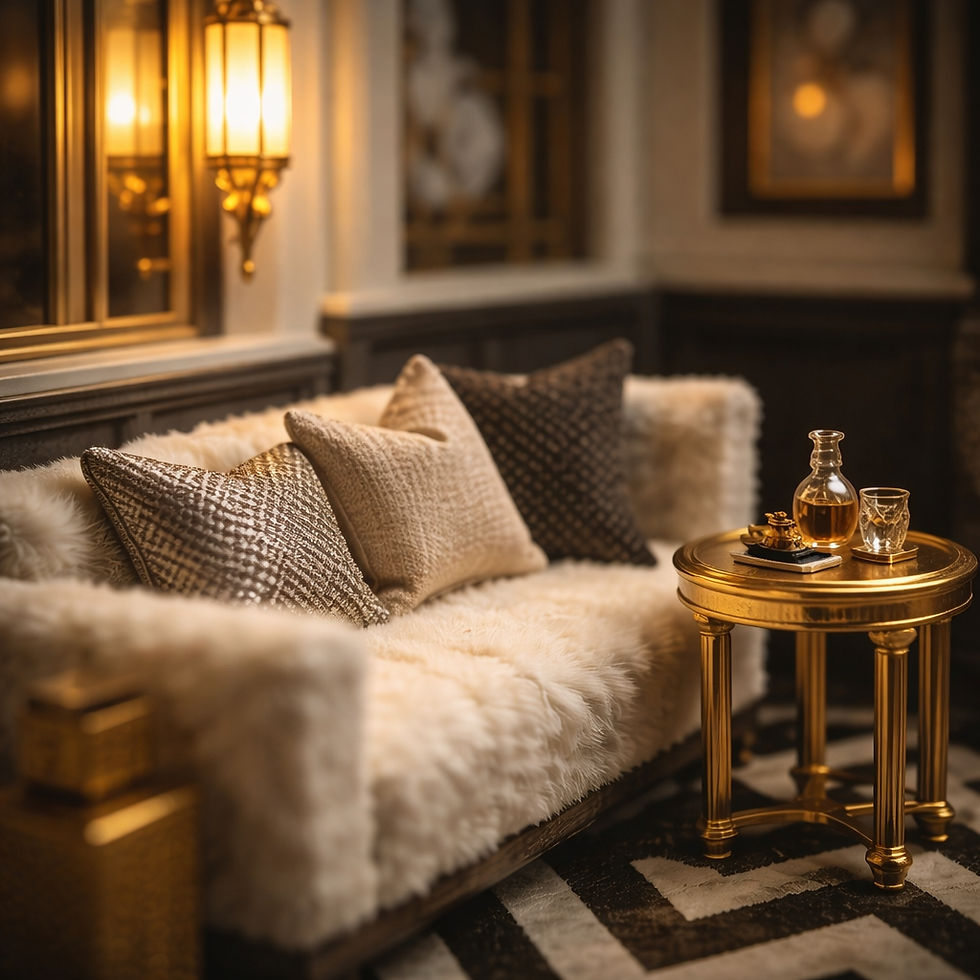 Luxurious living room with a plush white fur sofa, patterned pillows, and a small gold table holding a decanter and glass. Warm lighting.