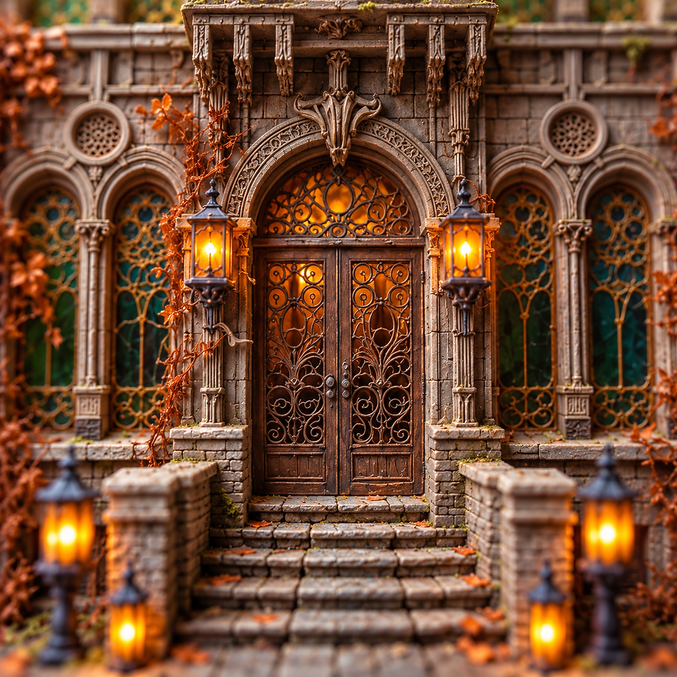 Macro illustration of the ornate miniature entrance, lanterns and worn stone-like steps.