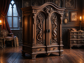 Haunted miniature armoire with ornate curved crown, vine-covered doors and two drawers in a shadowy paneled room.