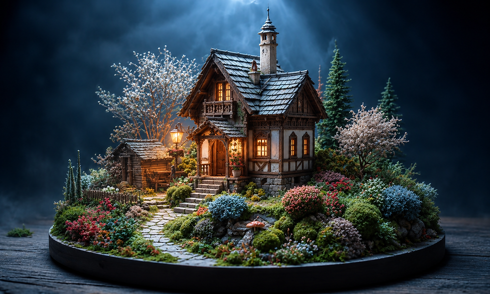 Bulgarian-inspired fantasy cottage miniature with pale plaster, dark carved-looking timber, blue-gray roofs, a tall chimney and warm windows in a moonlit circular garden.