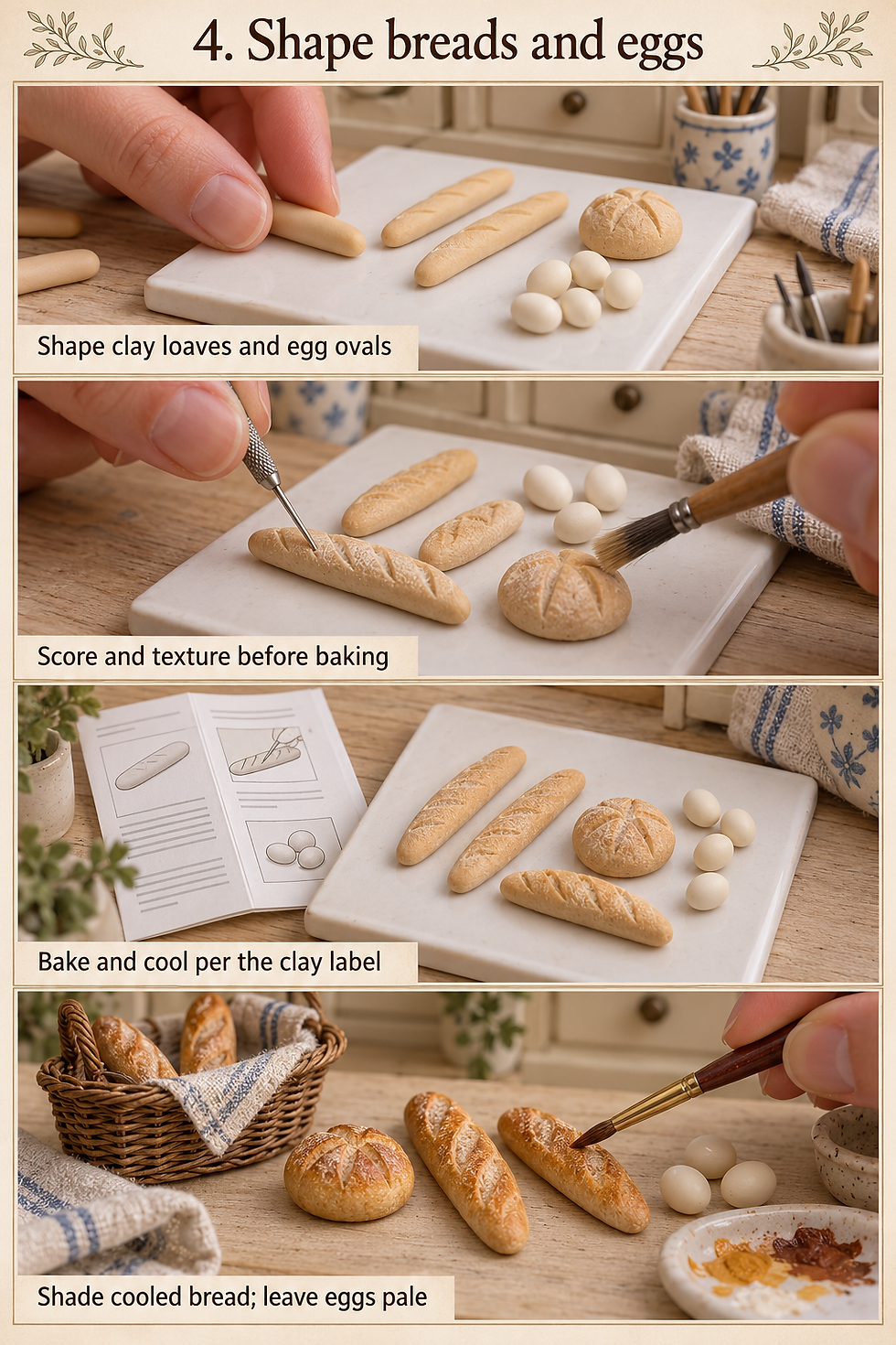 Three-panel guide to shaping miniature bread and eggs, curing by the product label and adding color.