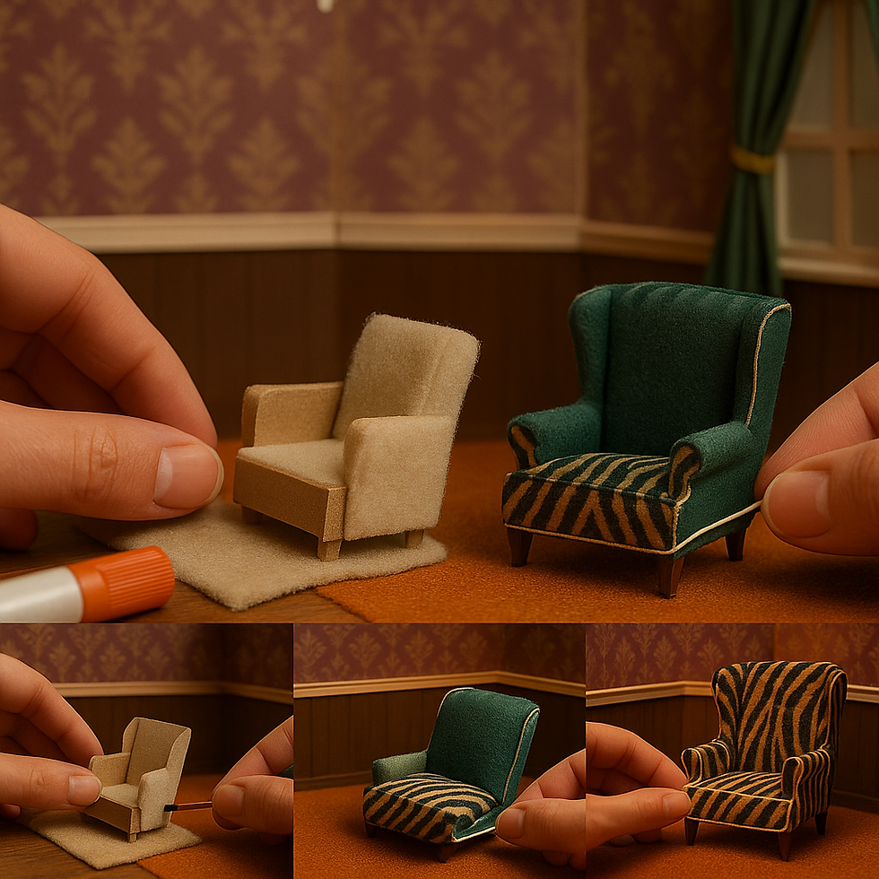 Hands adjusting miniature beige and green armchairs, one with zebra pattern. Warm-toned room with patterned wallpaper and green curtain.