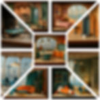 Collage of retro-futuristic rooms with teal and orange decor, including a flying car, cozy living area, kitchen, bedroom, and cityscape views.