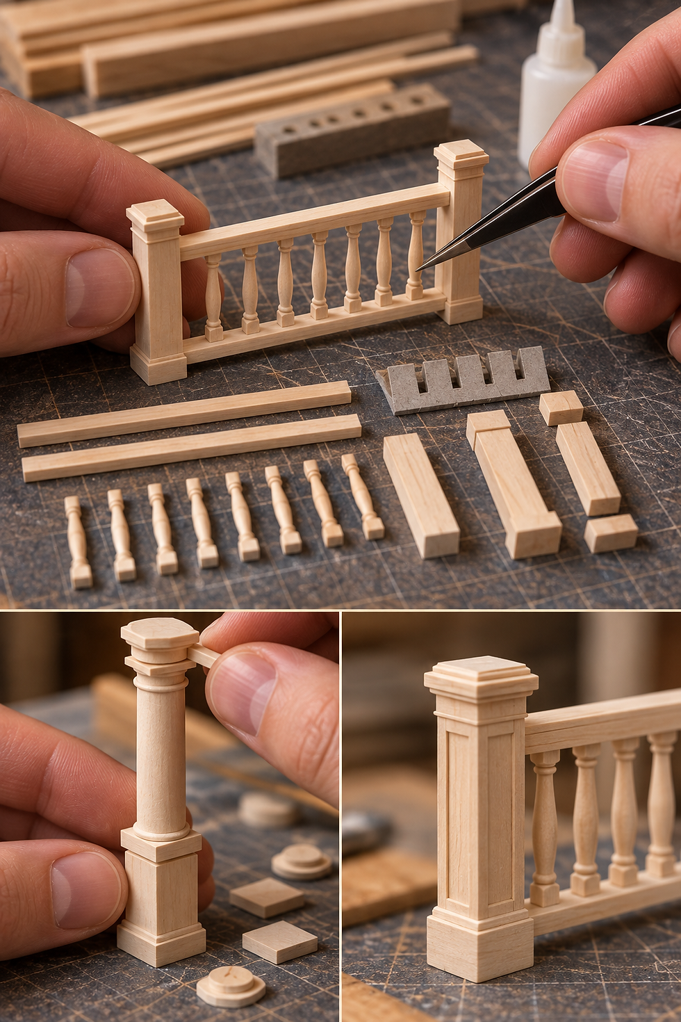 Hands assemble a miniature wooden railing with tweezers on a craft mat, surrounded by small parts and tools.