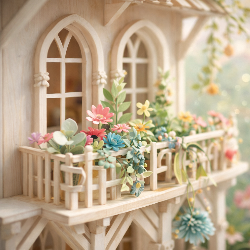 Wooden balcony adorned with colorful paper flowers, two arched windows, bright and airy ambiance, soft pastel hues.