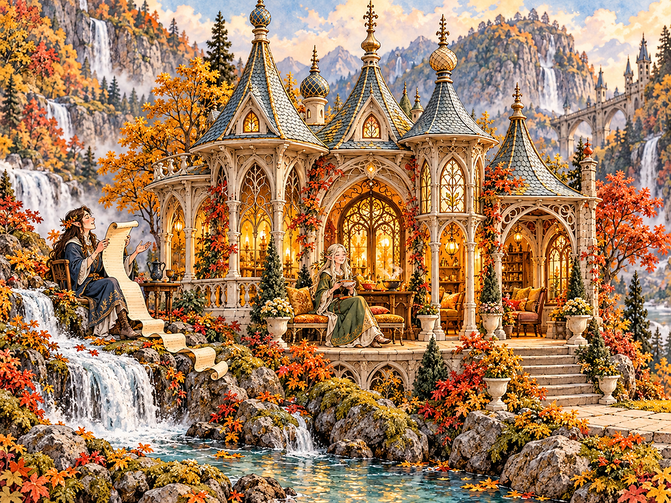 Storybook illustration of Ilin enjoying soup on the pavilion bench while a poet reads beside the waterfall.