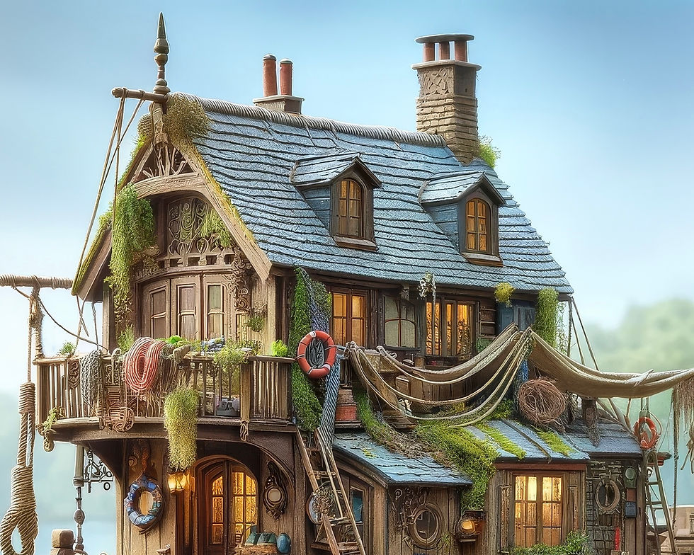 Miniature model diorama of the barge lady’s houseboat inspired by the wind in the willows