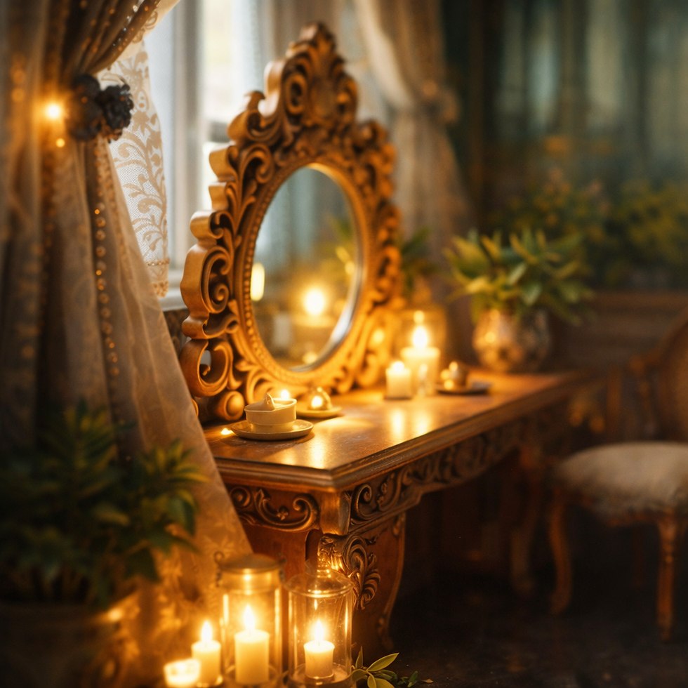 Ornate mirror on a wooden table surrounded by lit candles and plants. Soft lighting creates a warm, cozy atmosphere in an elegant room.
