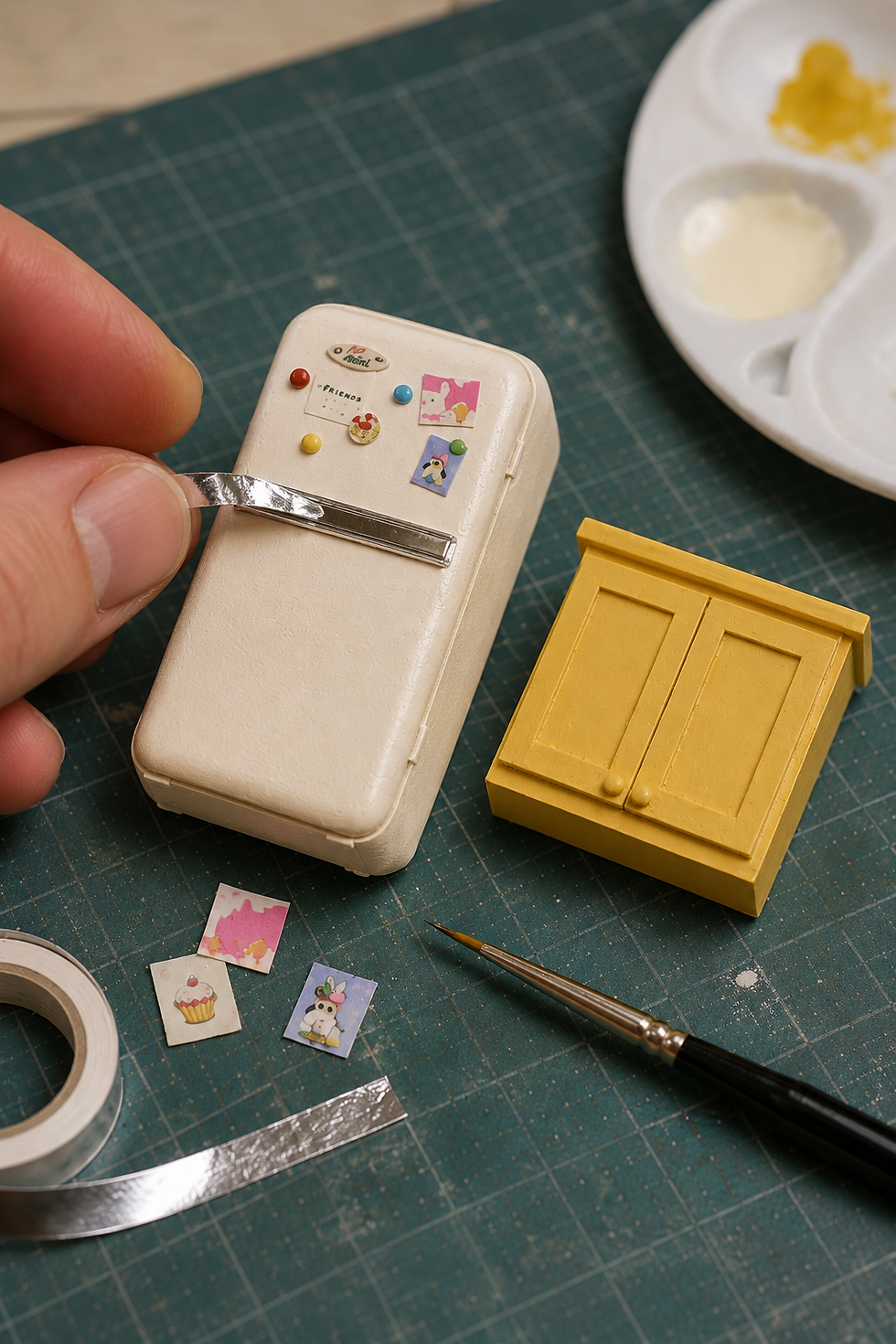 Miniature cream fridge with tiny magnets and FRIENDS text; a hand applies silver trim on a green cutting mat beside a yellow cabinet.