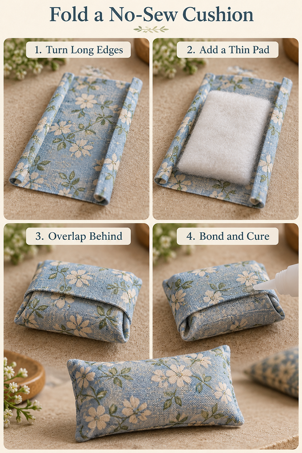A miniature no-sew cushion made by folding fine cloth around a shallow pad and bonding the back overlap.