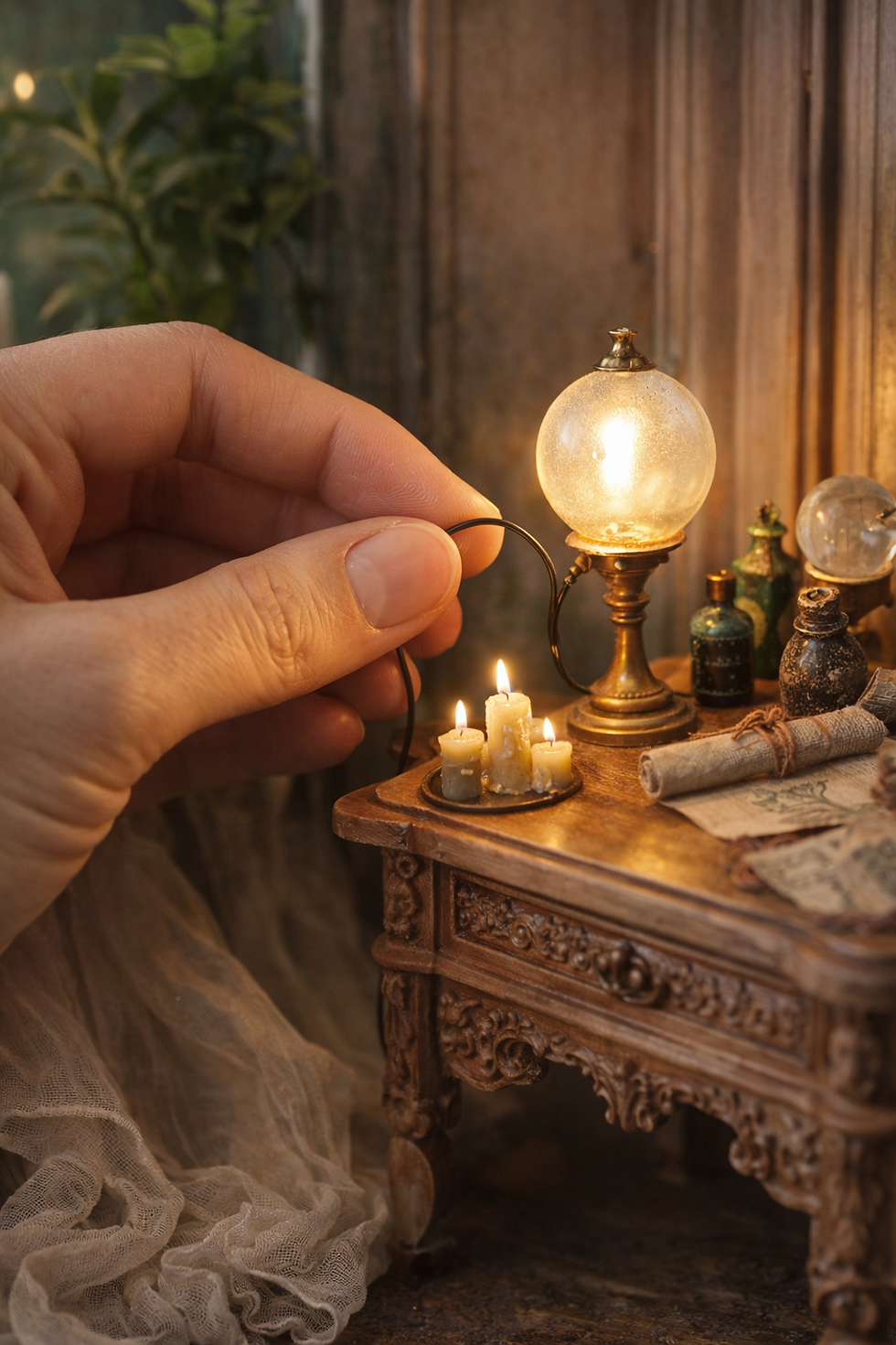 Hand adjusts miniature candles on ornate table with glowing lamp, surrounded by scrolls and bottles in cozy, dimly lit setting.