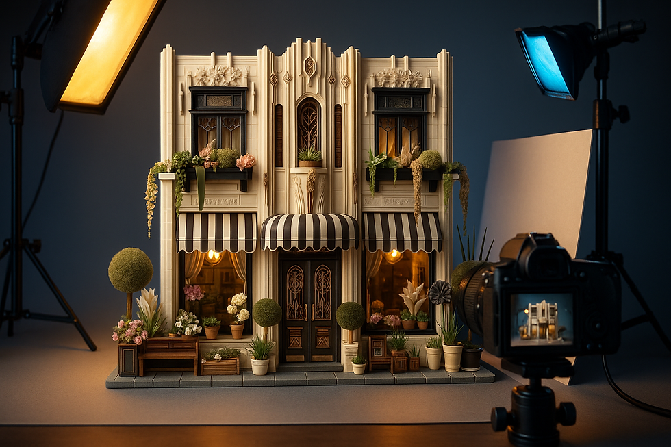 Miniature dollhouse under studio lights, featuring a detailed facade with striped awning, plants, and a camera capturing the scene.