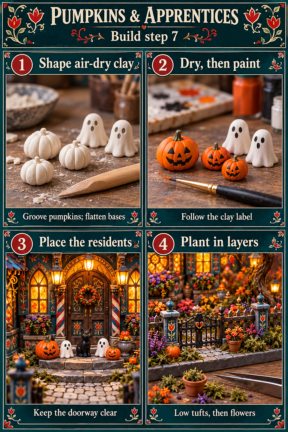 Miniature air-dry clay pumpkins and ghosts are shaped, painted and placed beside a black cat before purple-orange garden layers are added.