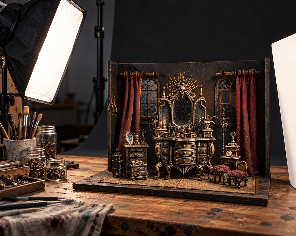Miniature dressing-room photography setup with diffused side light, white reflector and dark background.