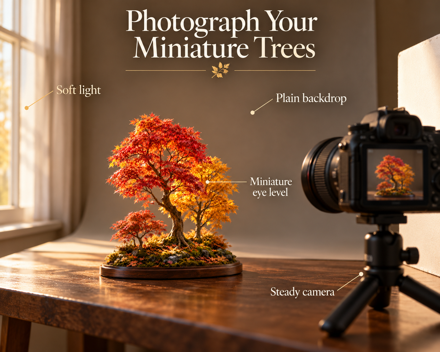 Miniature autumn tree photography setup with a diffused side light, plain curved backdrop and tripod-mounted camera at tree height.