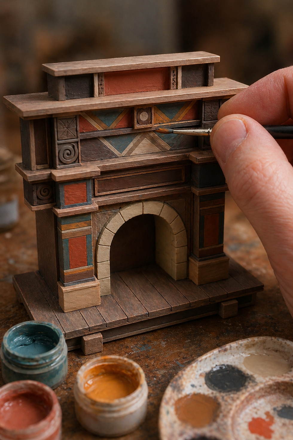 Hand painting a detailed miniature wooden model with geometric patterns. Jars of paint in earthy tones sit nearby, creating a focused, artistic scene.
