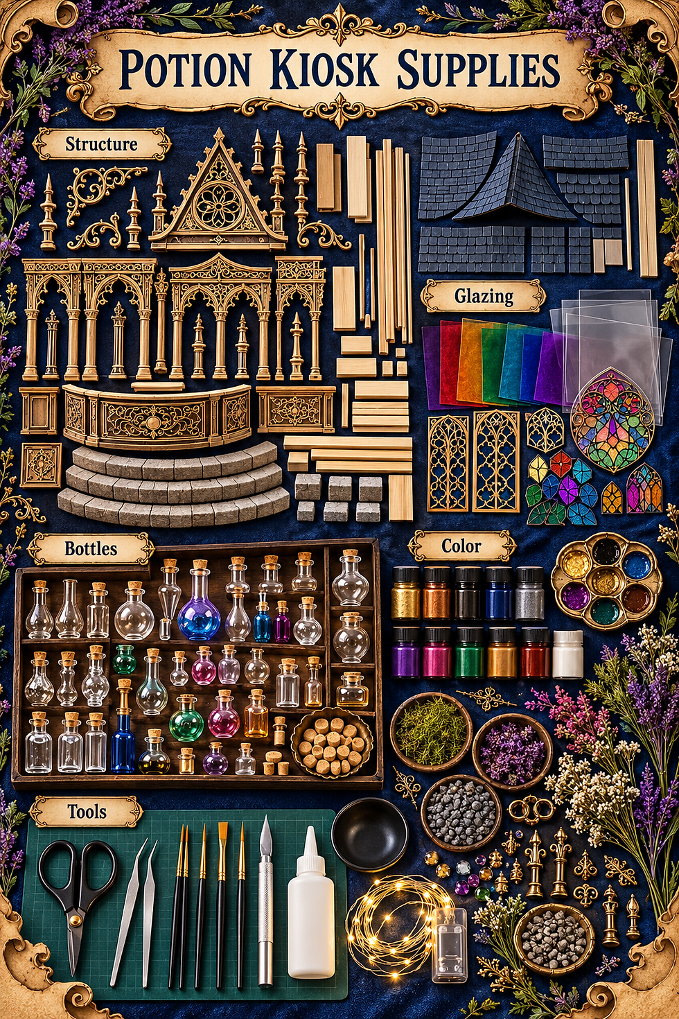 Potion Kiosk Supplies flat lay with prominent top label, decorative gold border, structural parts, glazing, bottles, paints, plants and tools.